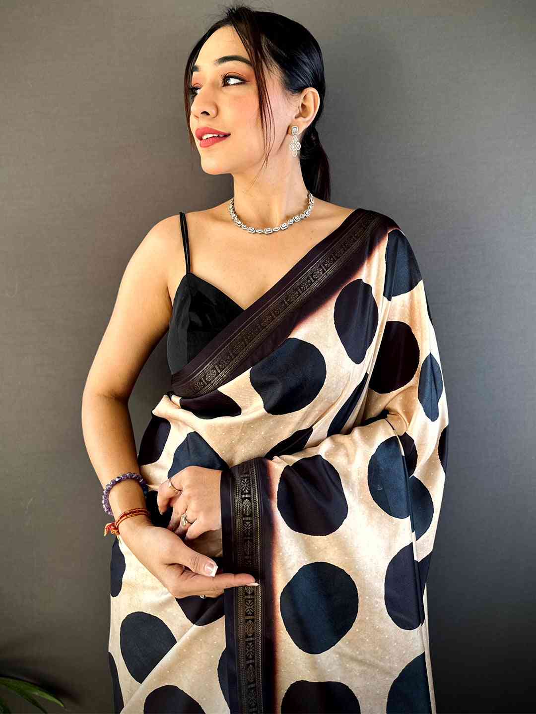 Cream Soft Silk Polka Dot Print Saree