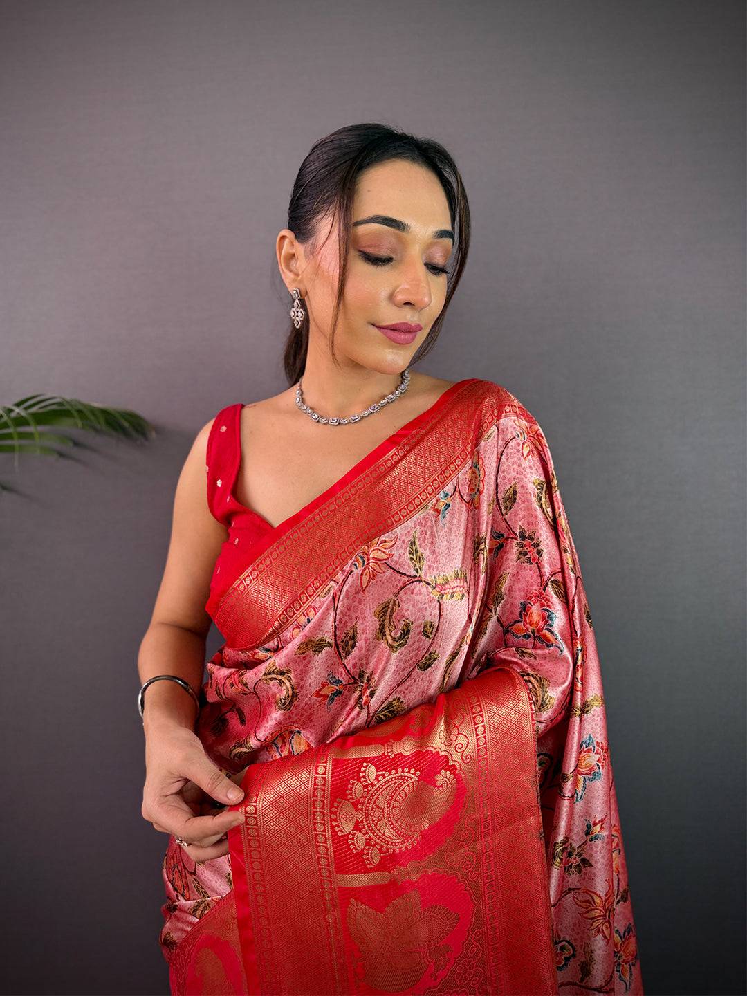 Royal Soft Cherry Satin Kalamkari Print Saree