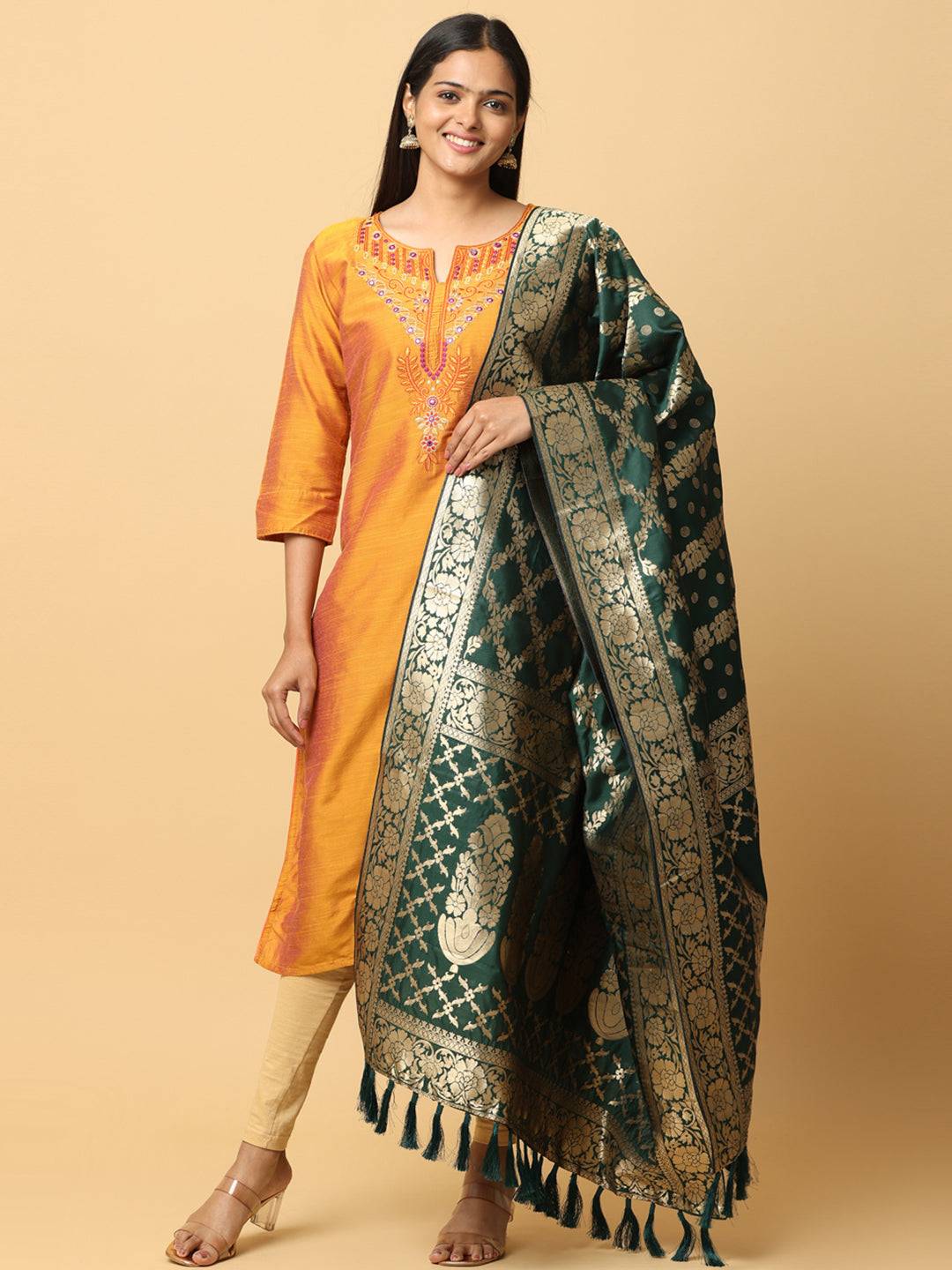 Front pose with Bollywood silk blend woven design dupatta.