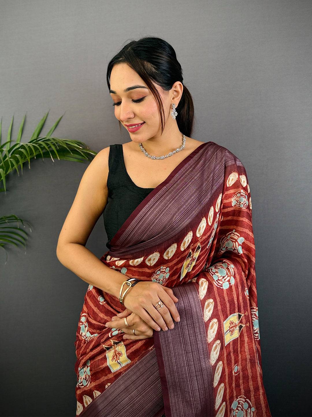Red Linen Block Kalamkari Print Saree