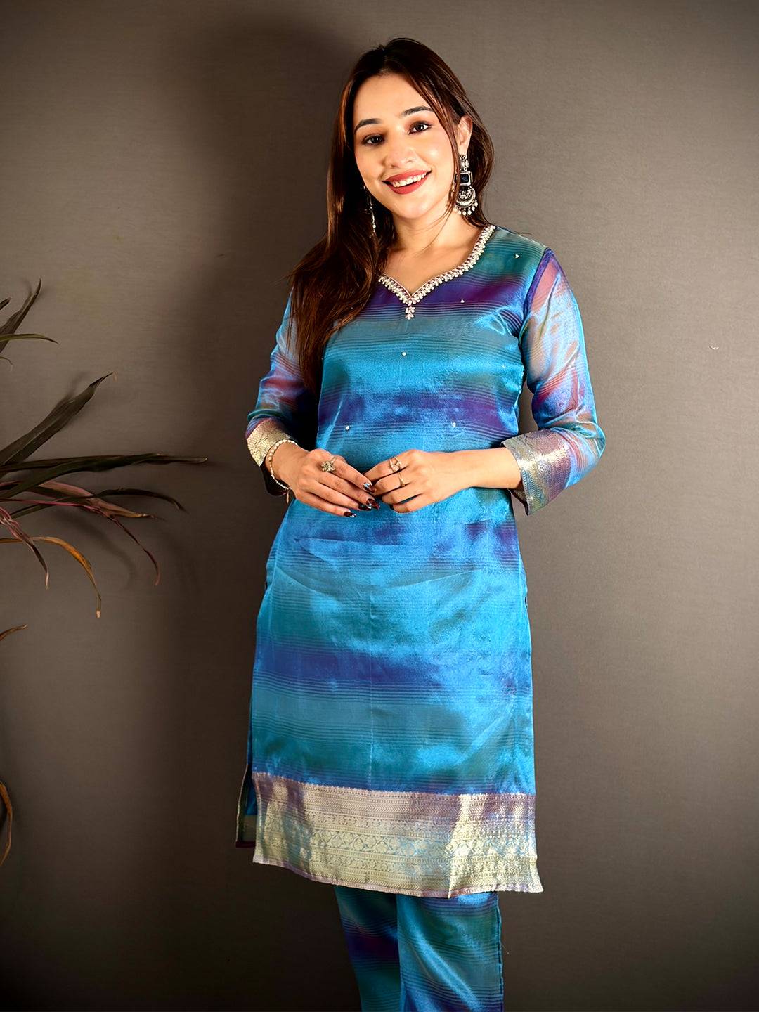 Classic Tissue Silk Paan Neck Kurti