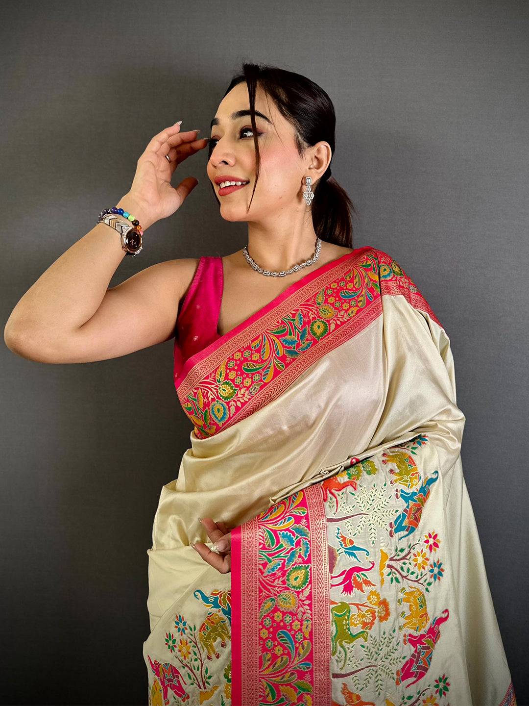 Cream Soft Semi Silk Minakari Weave Saree