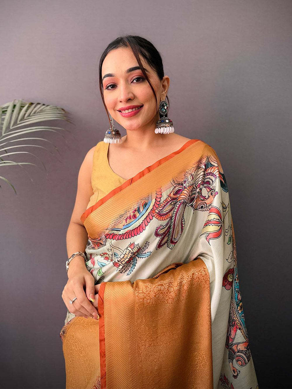 Royal Cherry Satin Kalamkari Printed Saree