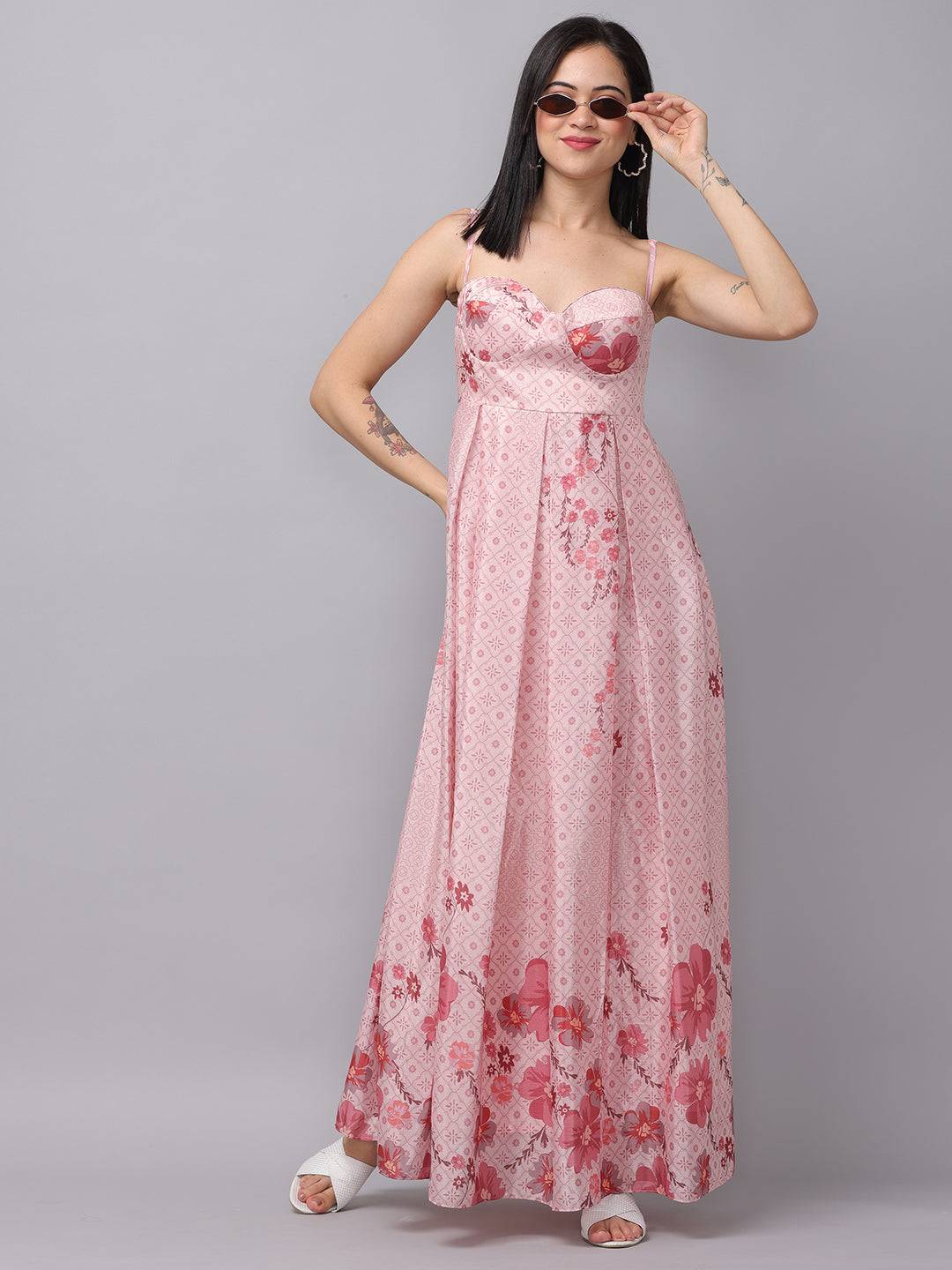 Model in pink floral Enchantment Corset Dress with sunglasses