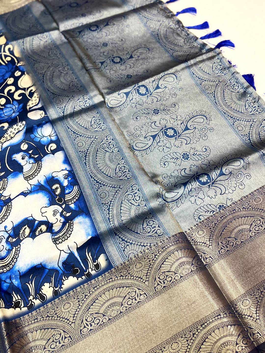Royal Blue Digital Kalamkari Banarasi Saree