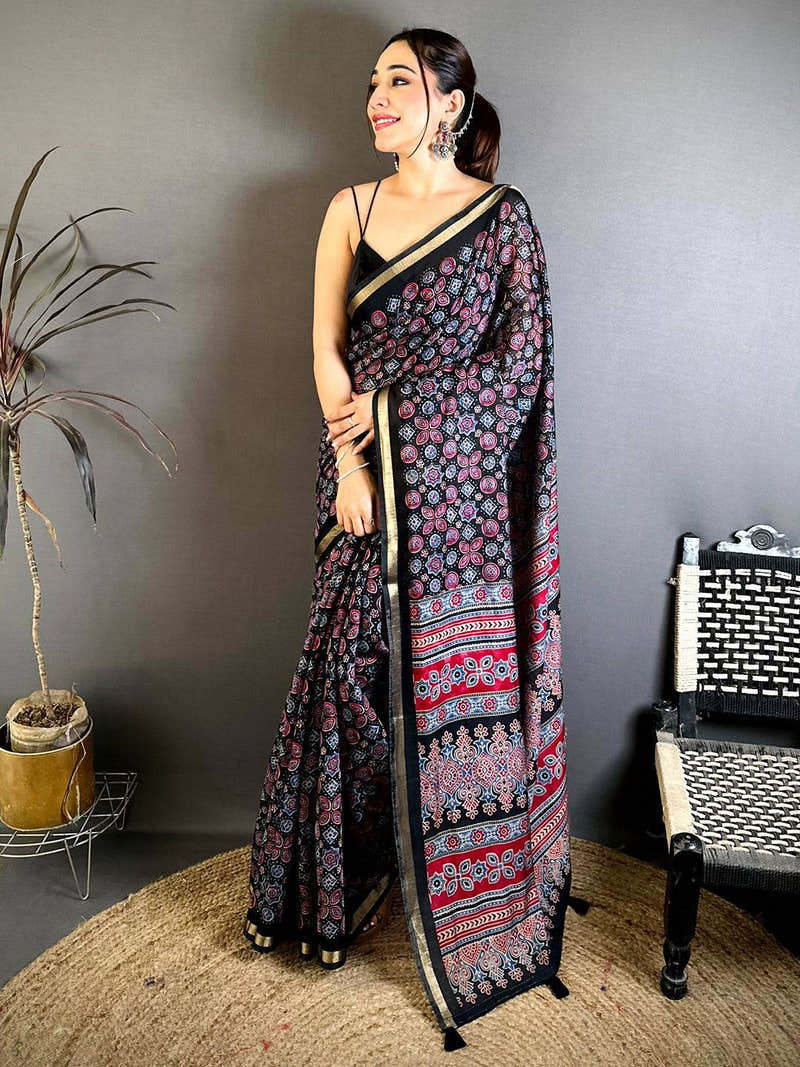 Black Mul Cotton Ajrak Vintage Print Saree