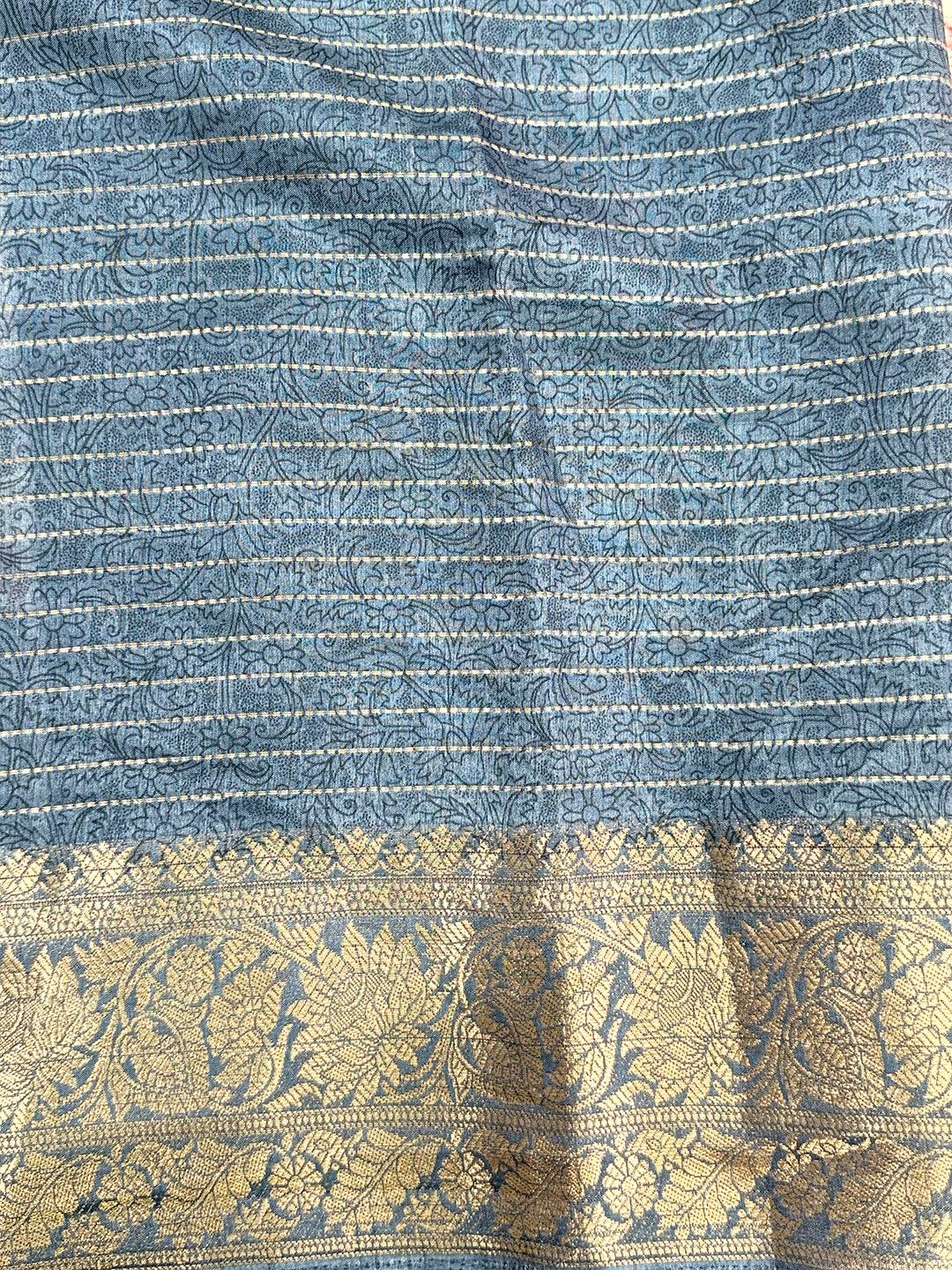 Grey Soft Dola Silk Zari Katha Saree