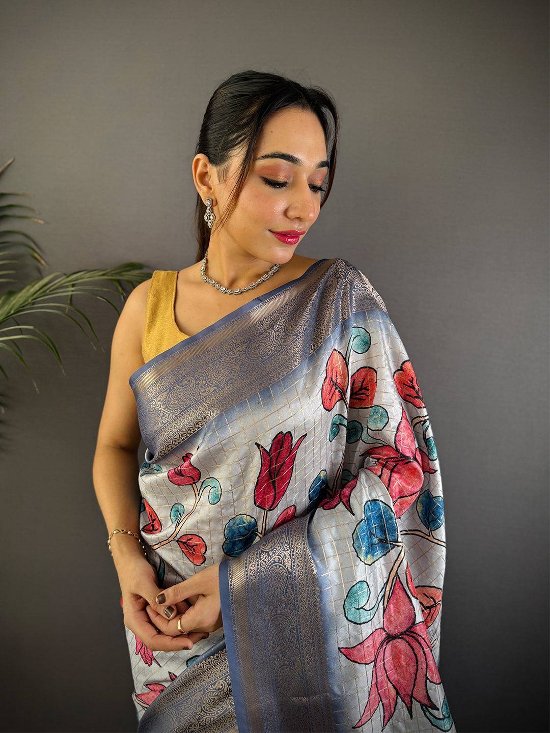 Blue Freehand Design Gadwal Saree