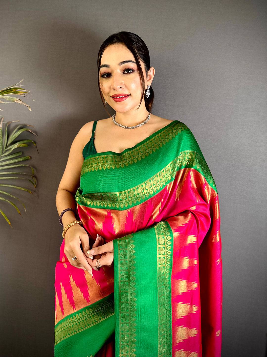 Pink Rudraksha Temple Weave Katan Silk Saree