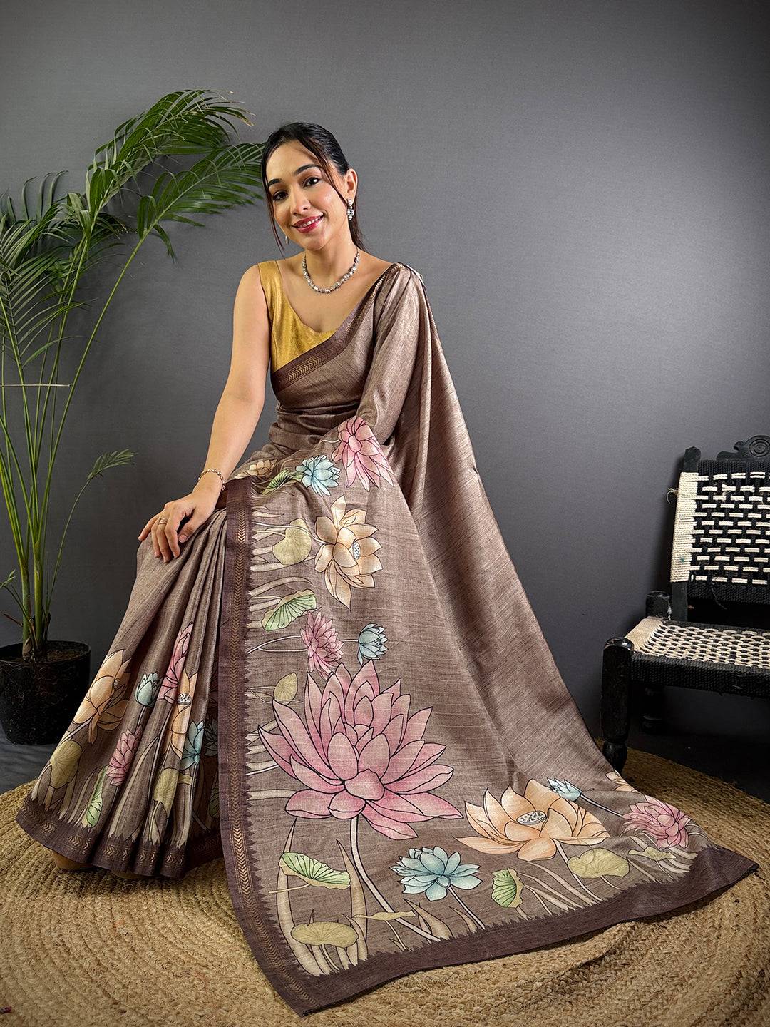 Regal Brown Tussar Ghicha Silk Saree