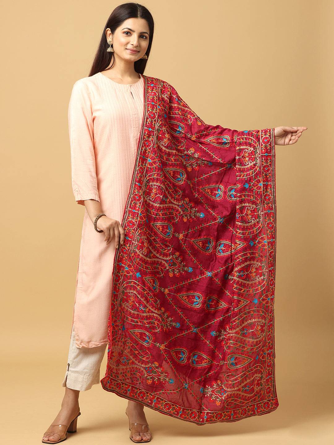 Wine poly chiffon pashmina dupatta with threadwork, front view