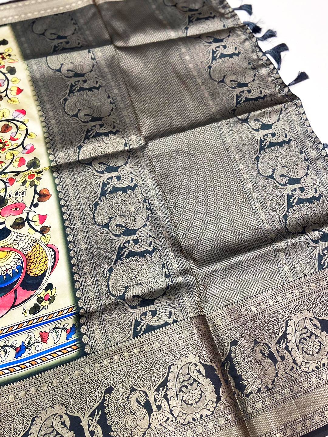 Grey Kalamkari Digital Print Pattu Saree