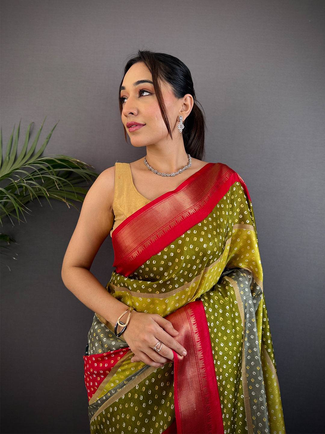 Red Soft Dola Bandhej Print Saree