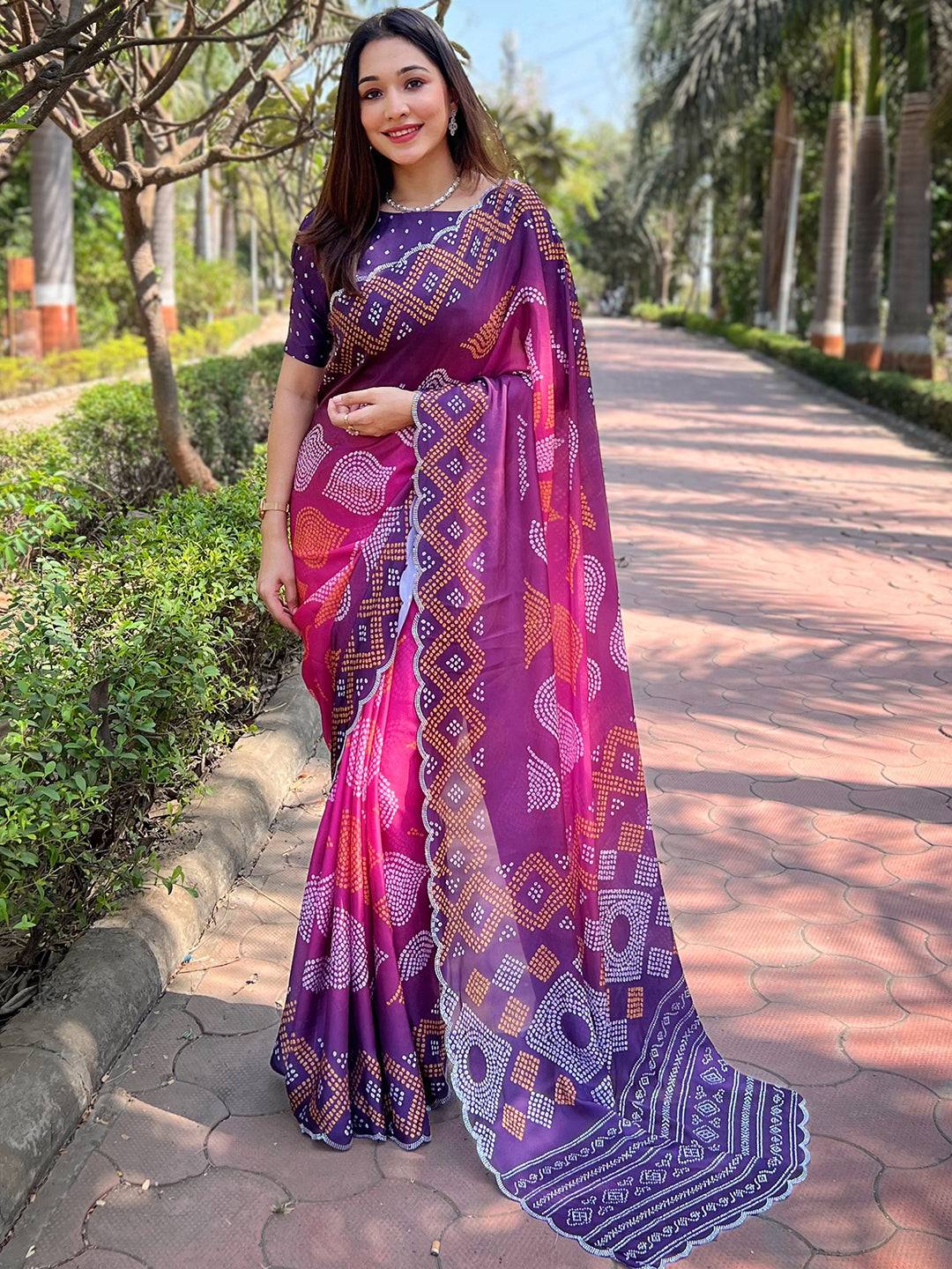 Georgette Silk Saree with Ombre Bandhej Print & Stone Work