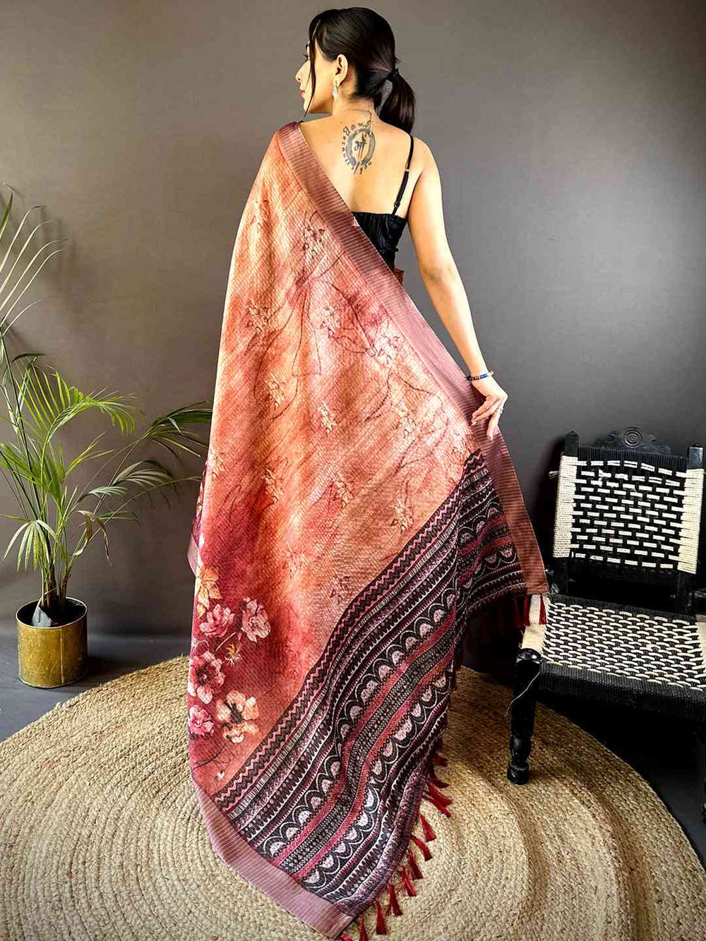 Rust Brown Tissue Chanderi Digital Check Saree