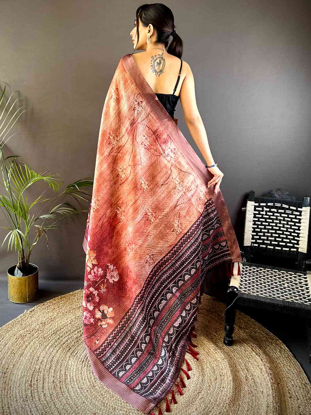 Rust Brown Tissue Chanderi Digital Check Saree