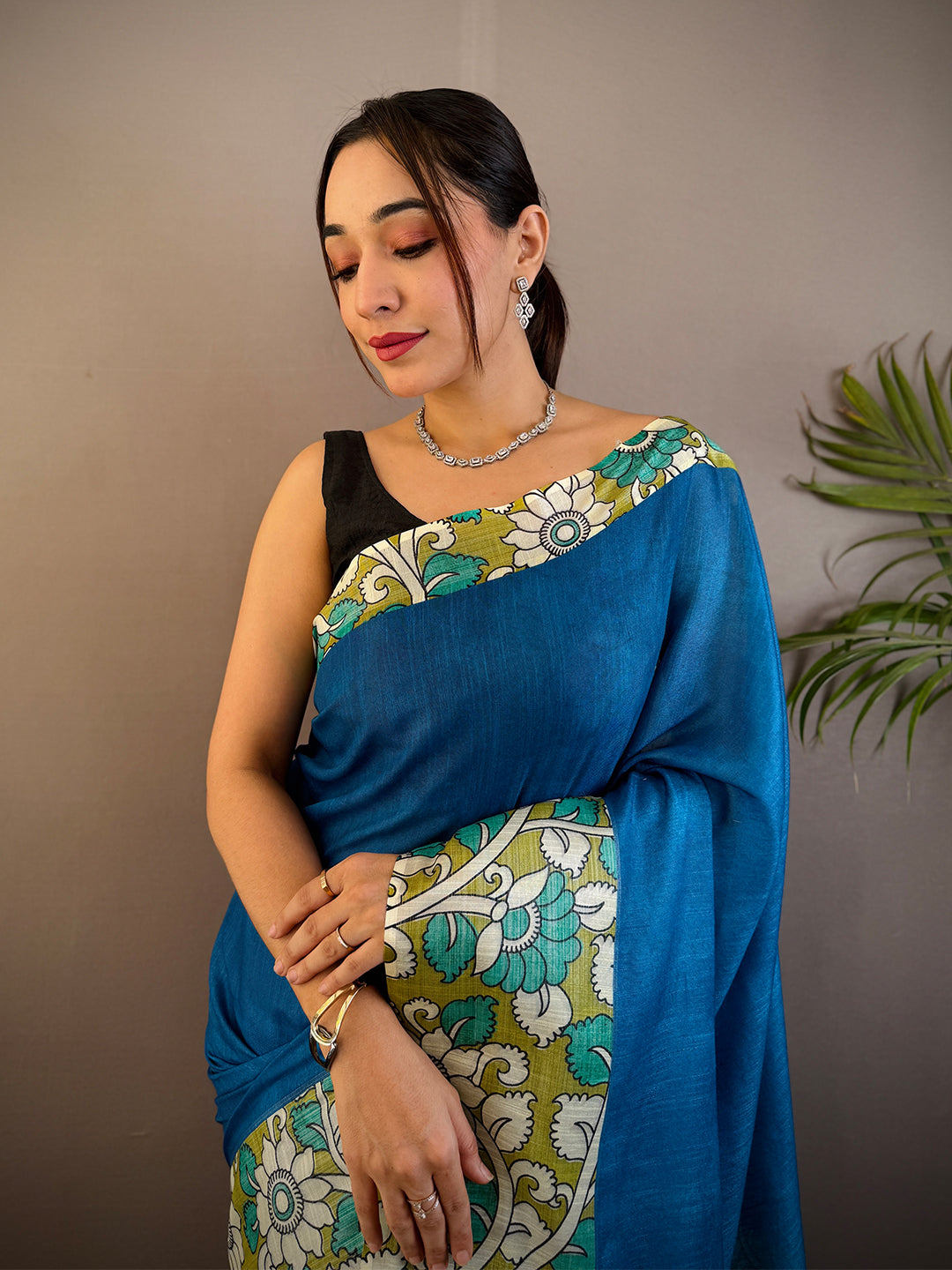 Teal Linen Kalamkari Print Saree