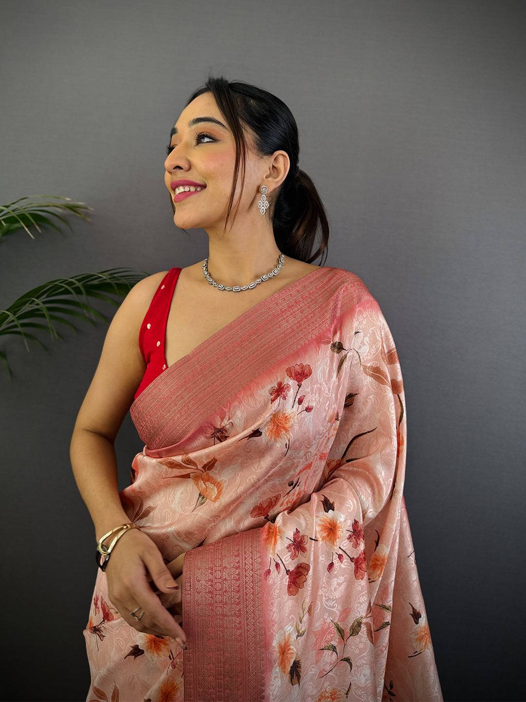 Peach Digital Print Soft Dola Silk Saree