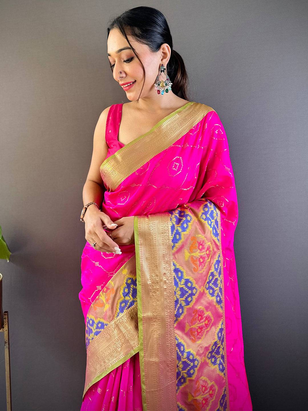 Pink Katan Silk Ikkat Saree