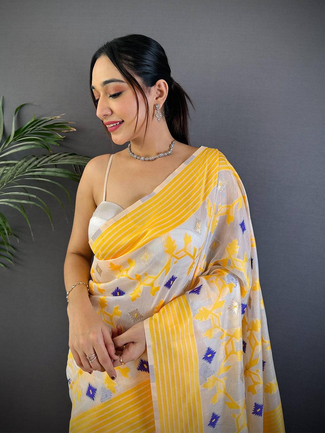 Elegant Yellow Soft Cotton Silk Jamdani Saree