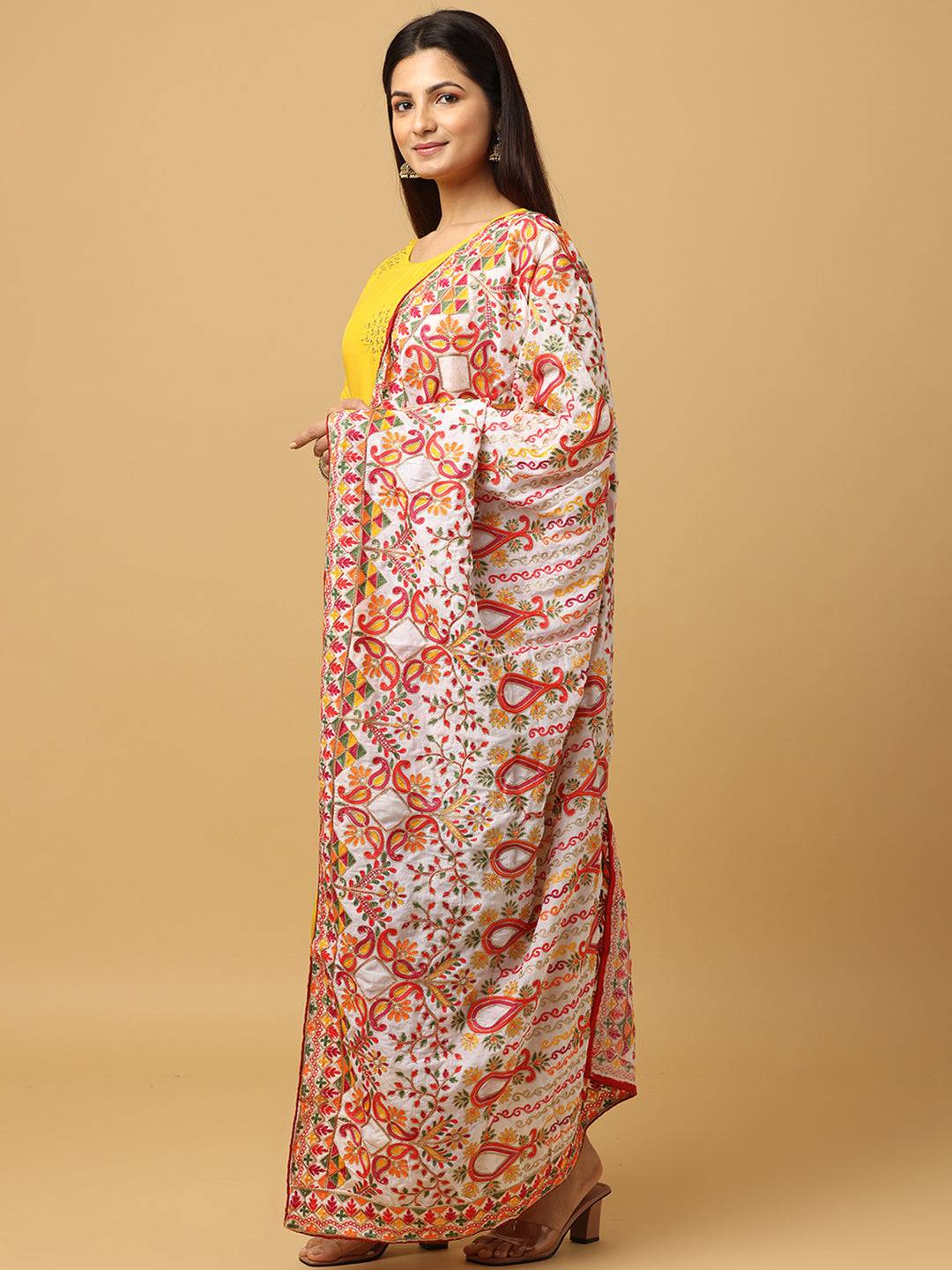 Side view of colorful threadwork pashmina dupatta