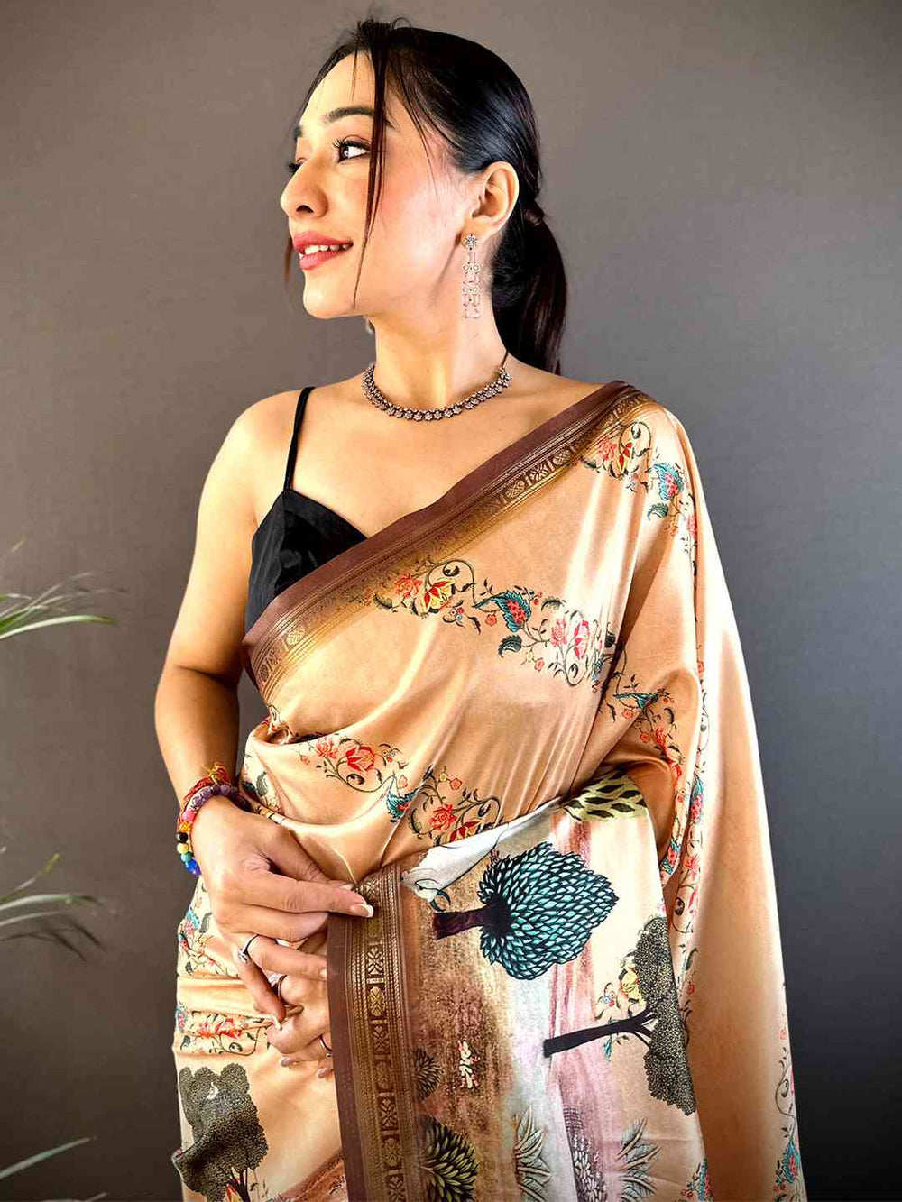 Peach Jungle Printed Silk Saree