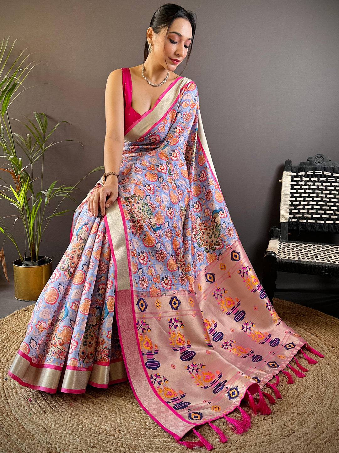 Lavender Blossom Phulkari Silk Saree