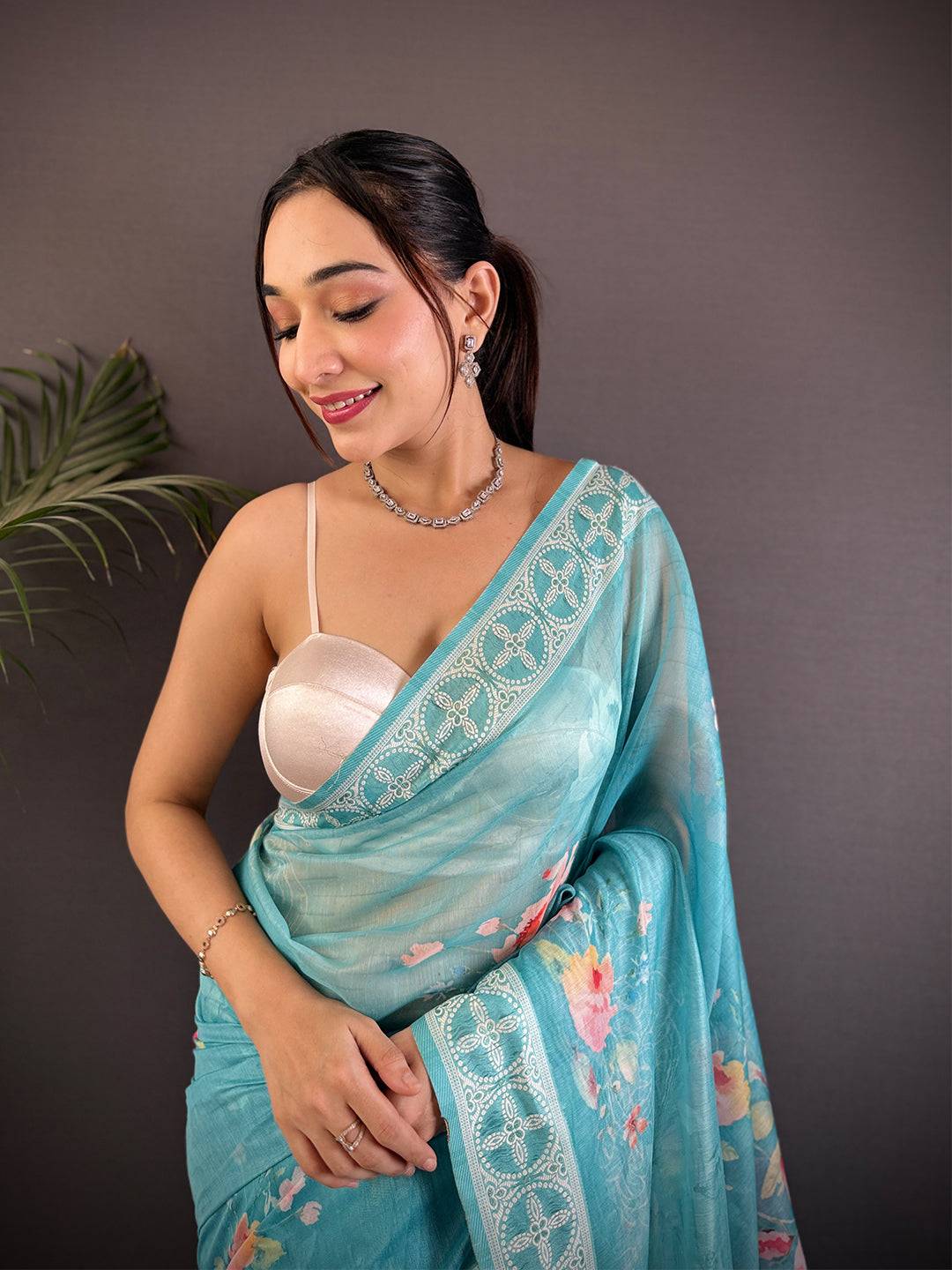 Sky Blue Lakhnavi Linen Digital Print Saree