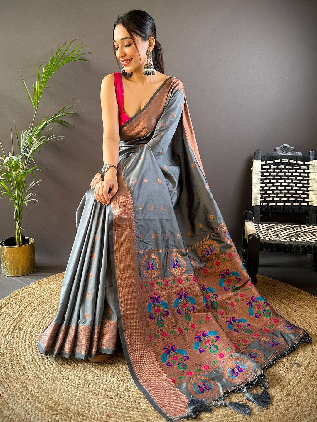 Dark Grey Copper Elegance Soft Silk Saree