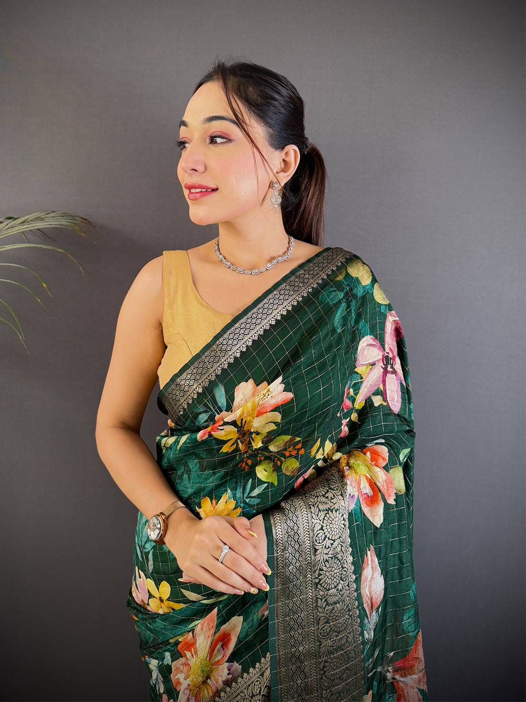 Deep Bottle Green Floral Digital Print Saree