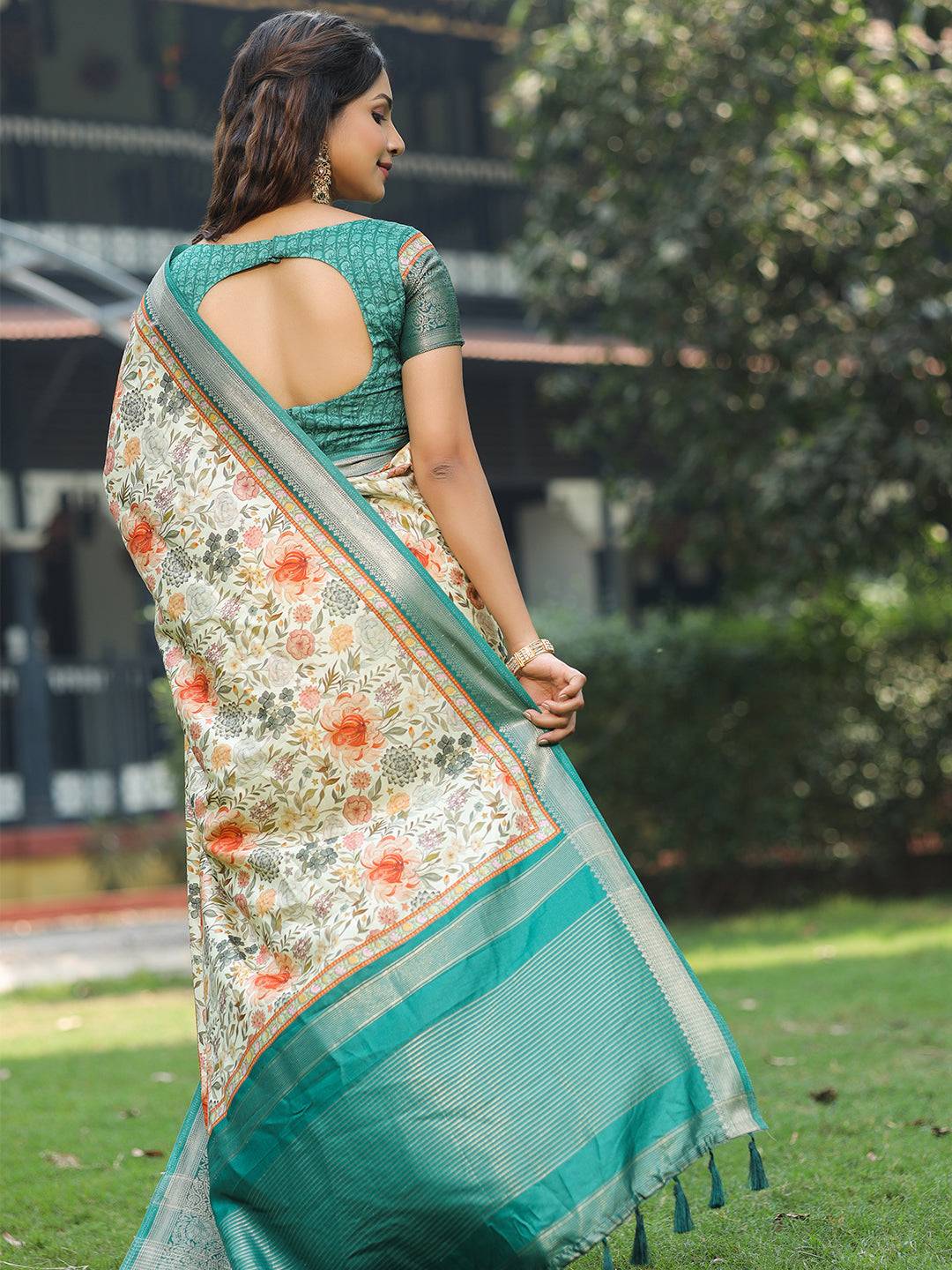 Sea Green Colour Phulkari Design Zari Weaving Pallu Saree