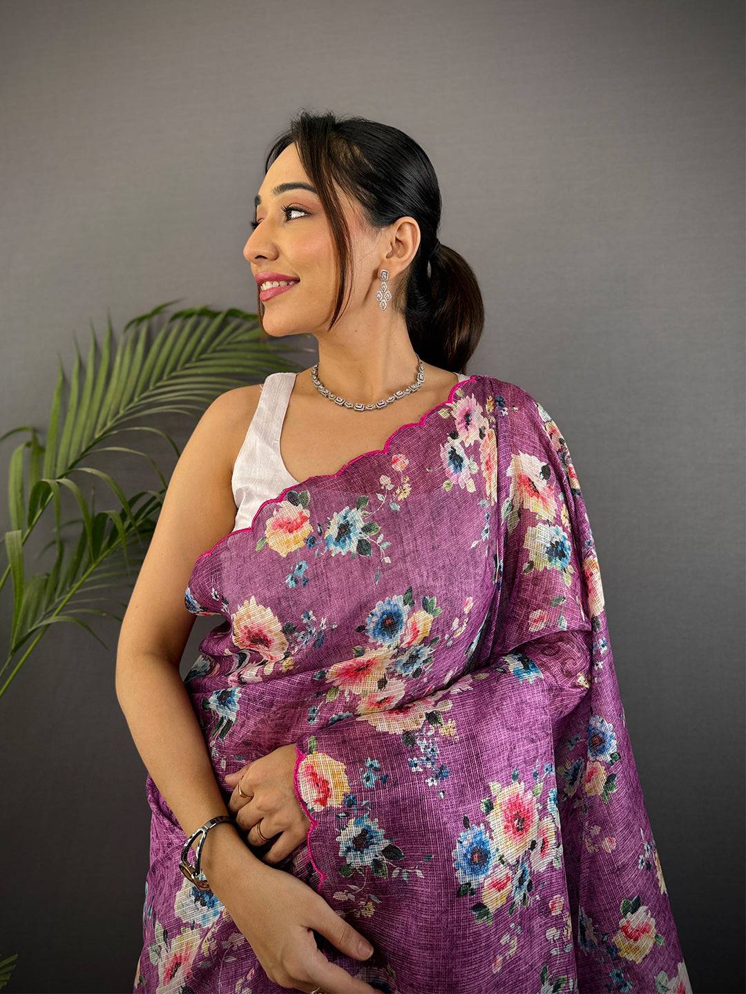 Lilac Purple Kota Doriya Floral Cut Work Saree