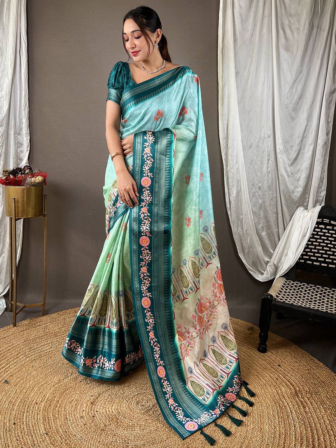 Full view of Poppy Blue Kota Satin Saree with floral patterns