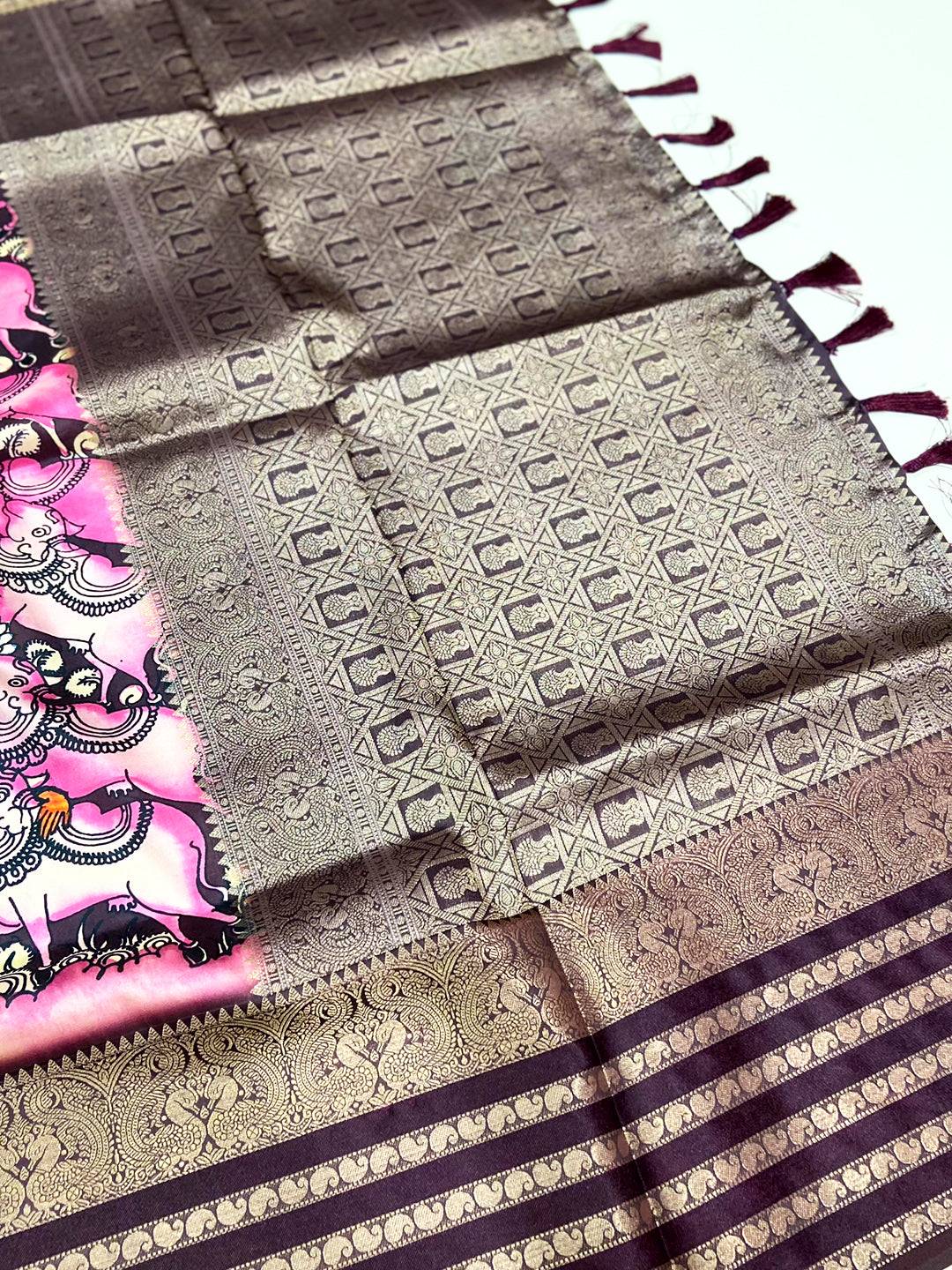 Purple Kalamkari Printed Banarasi Saree