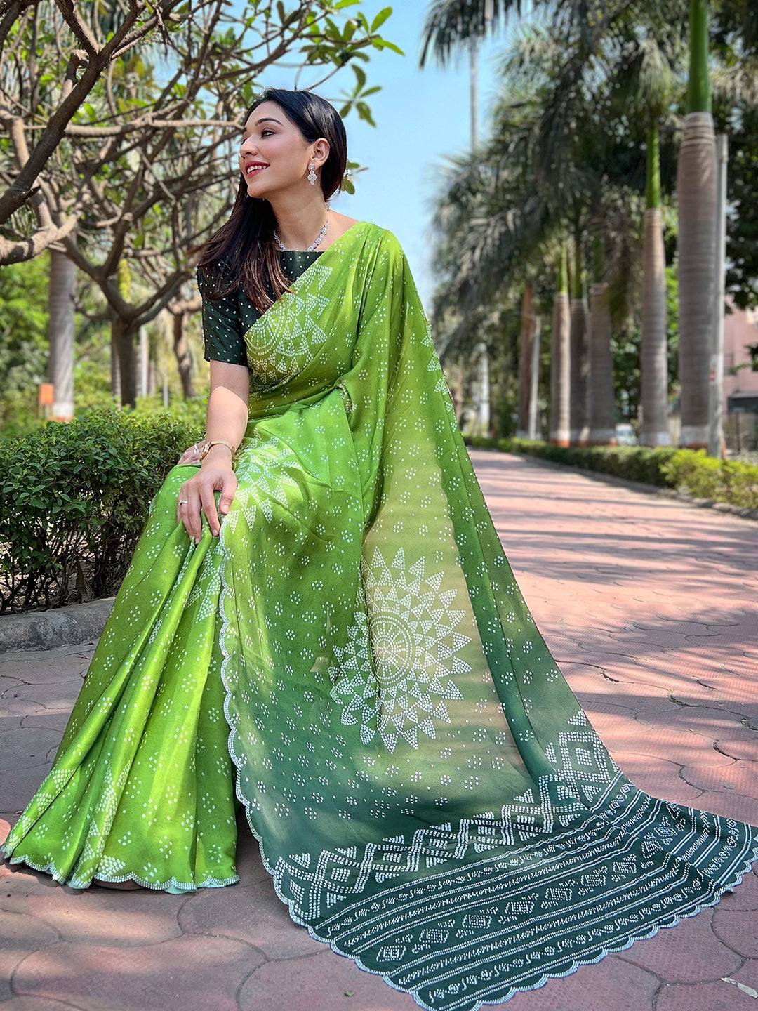 Georgette Silk Saree with Ombre Bandhej Print & Stone Work