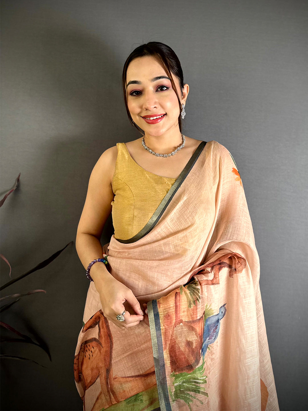 Peach Animal Print Linen Chanderi Saree