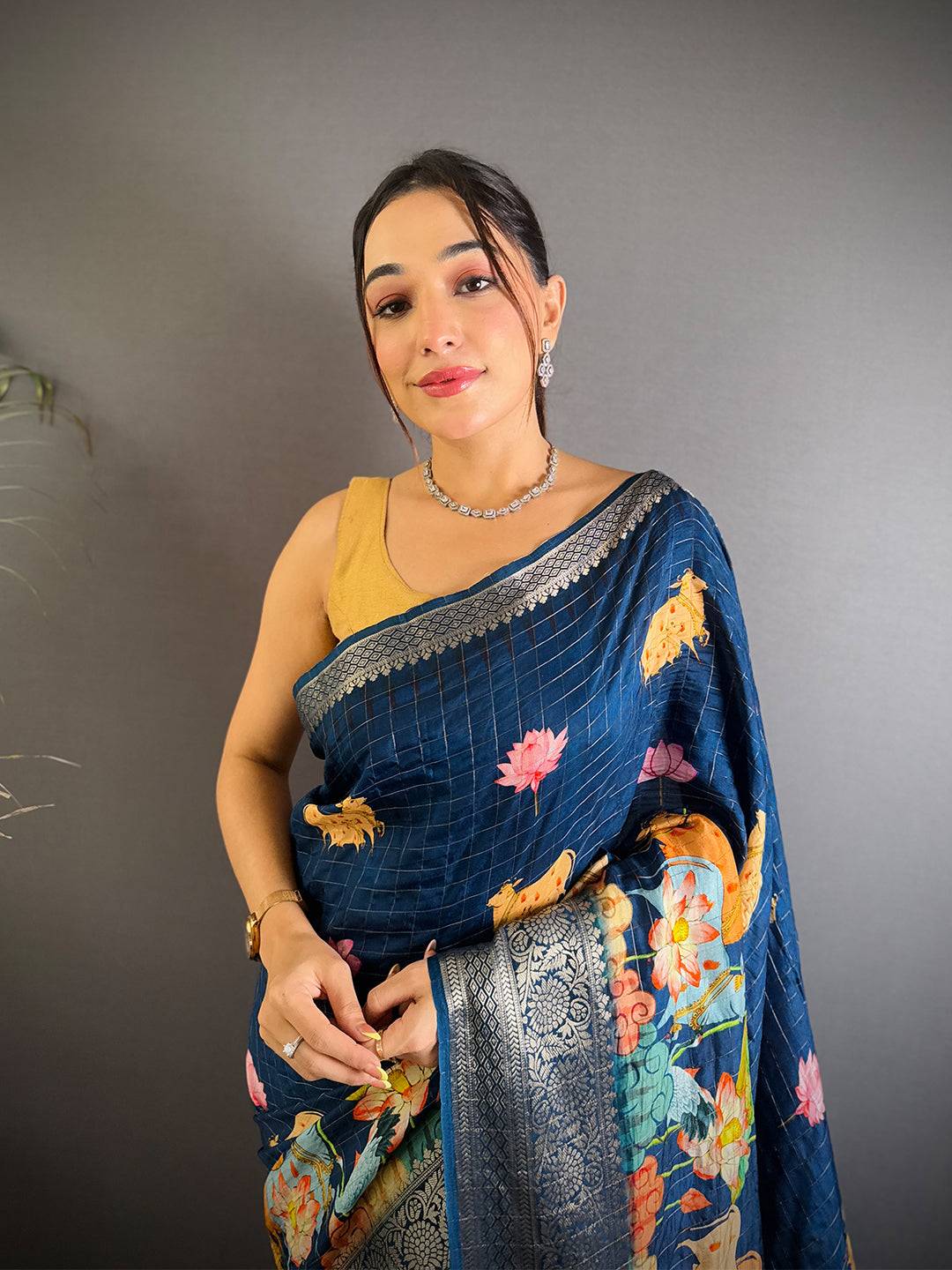 Elegant Teal Blue Viscose Kalamkari Saree