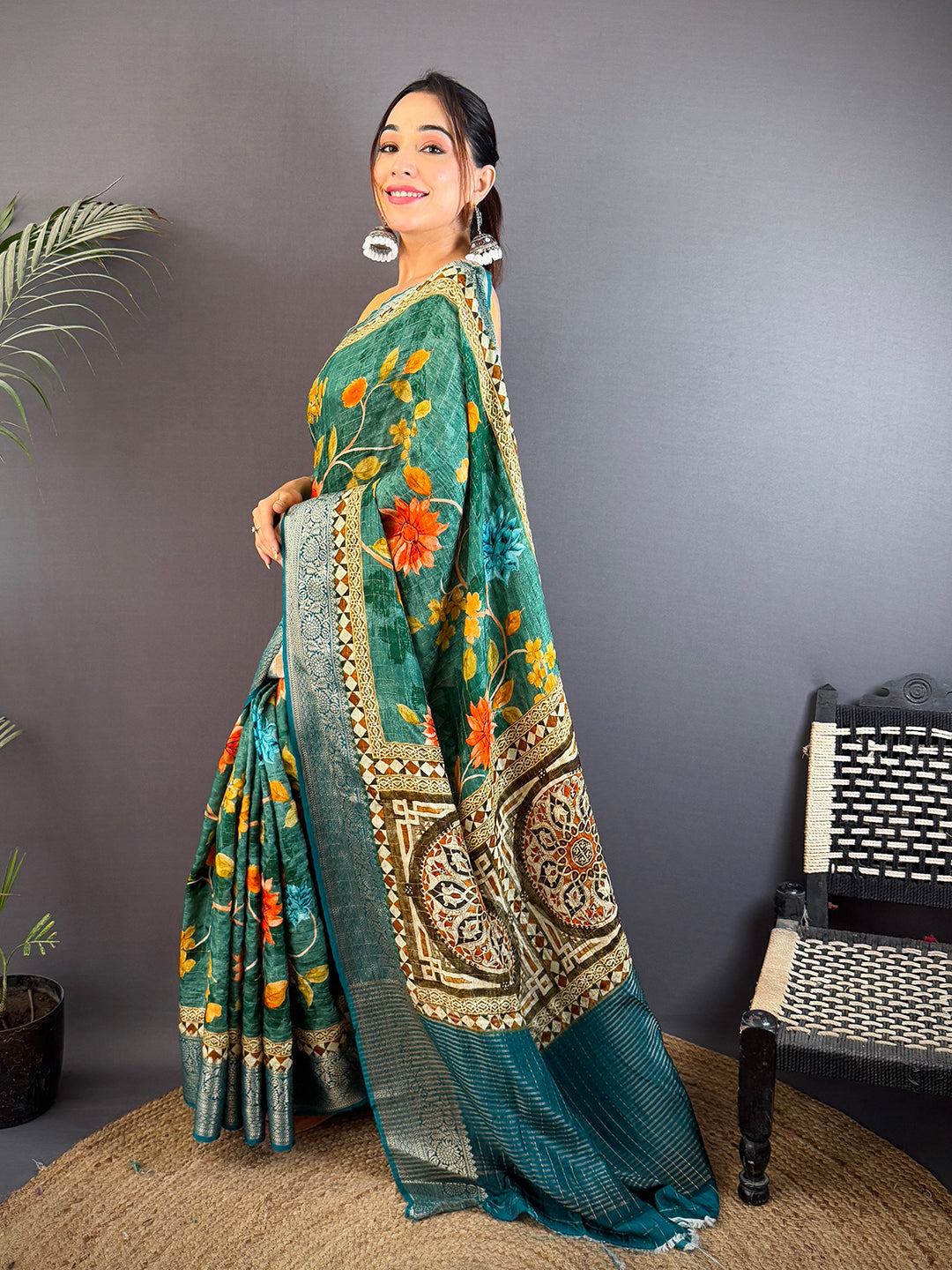 Teal Green Pure Viscose Checked Saree