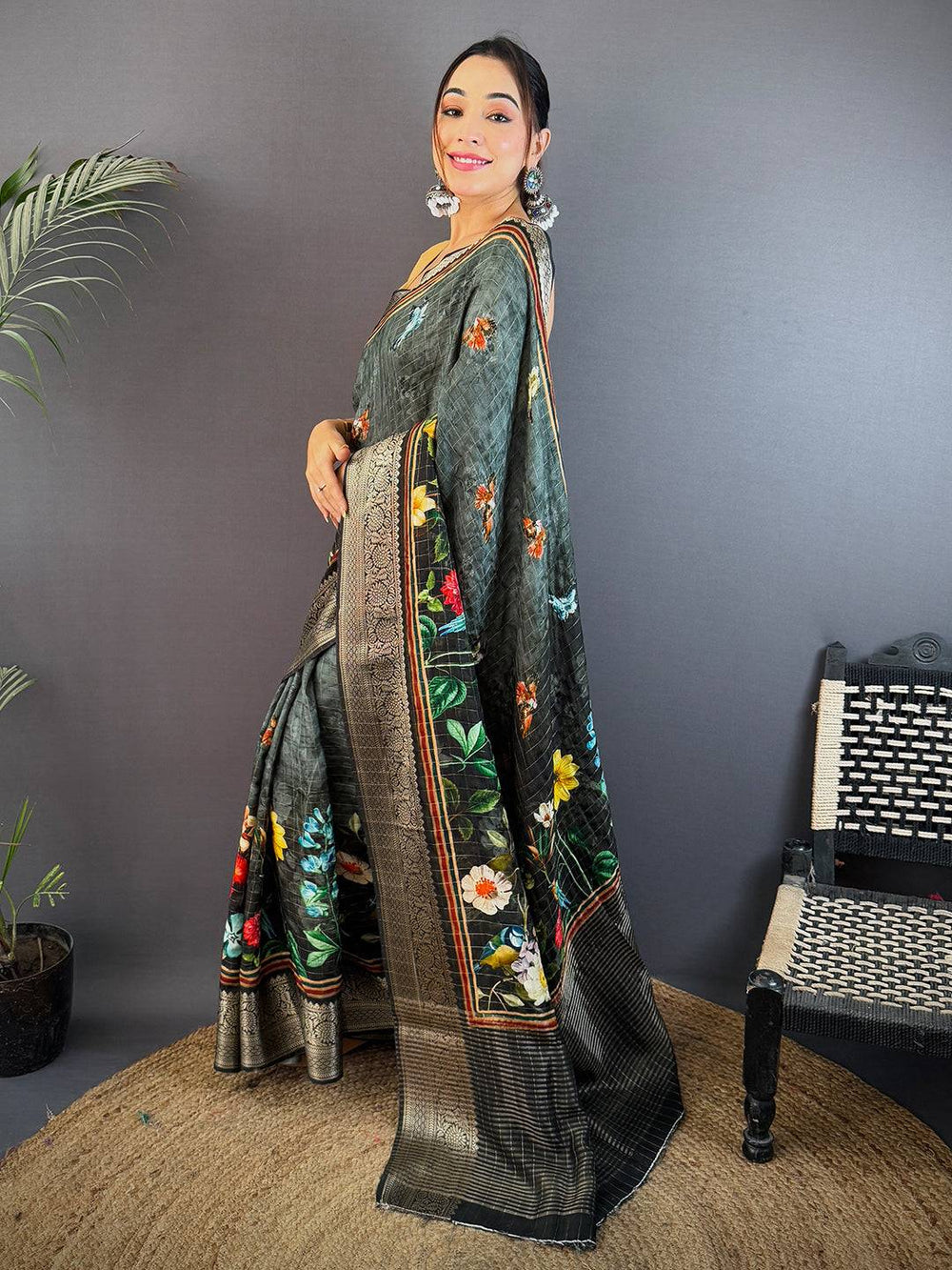 Gray Pure Viscose Checked Saree