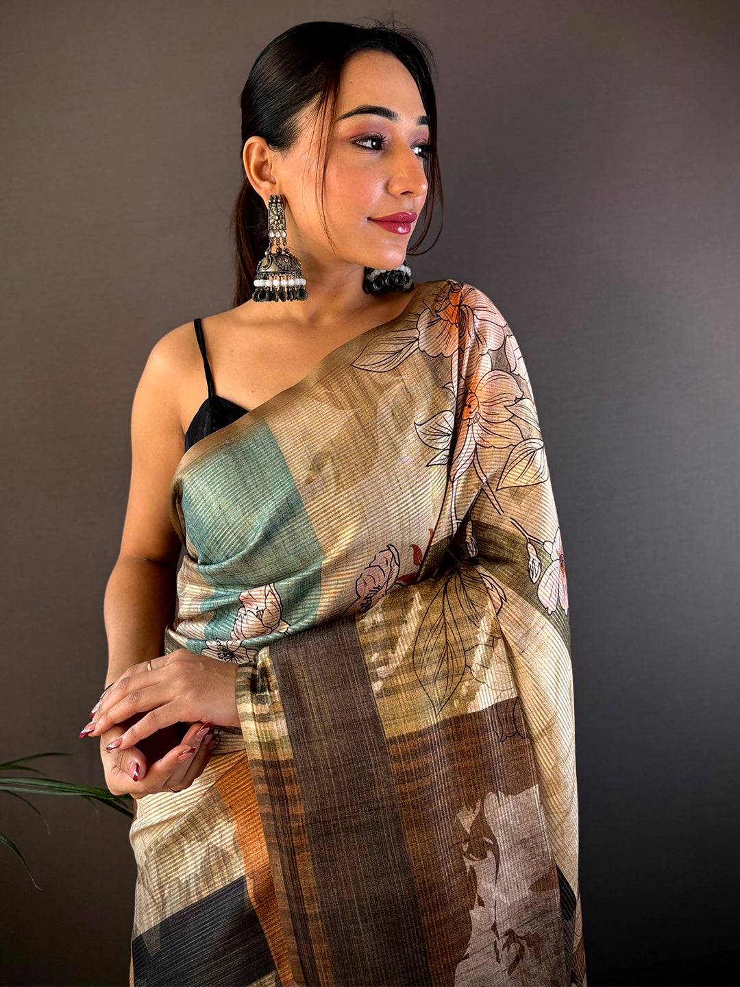 Dark Khaki Semi-Gold Zari Abstract Tussar Saree