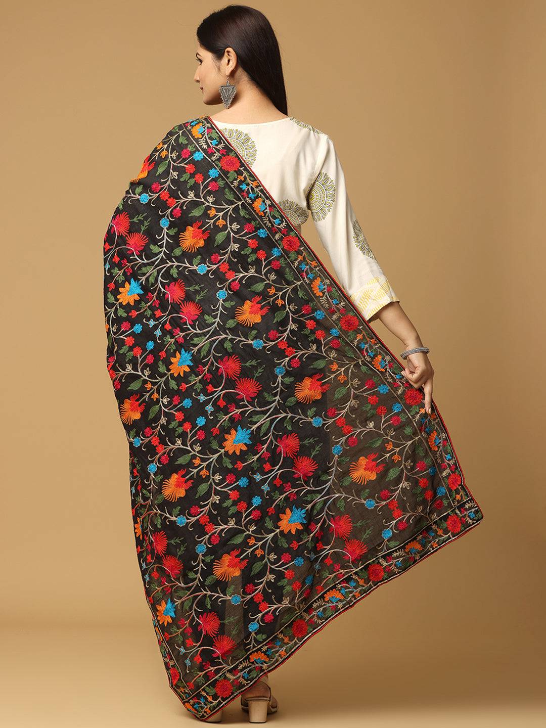 Back view of Poly Chiffon Dupatta showcasing colorful embroidery