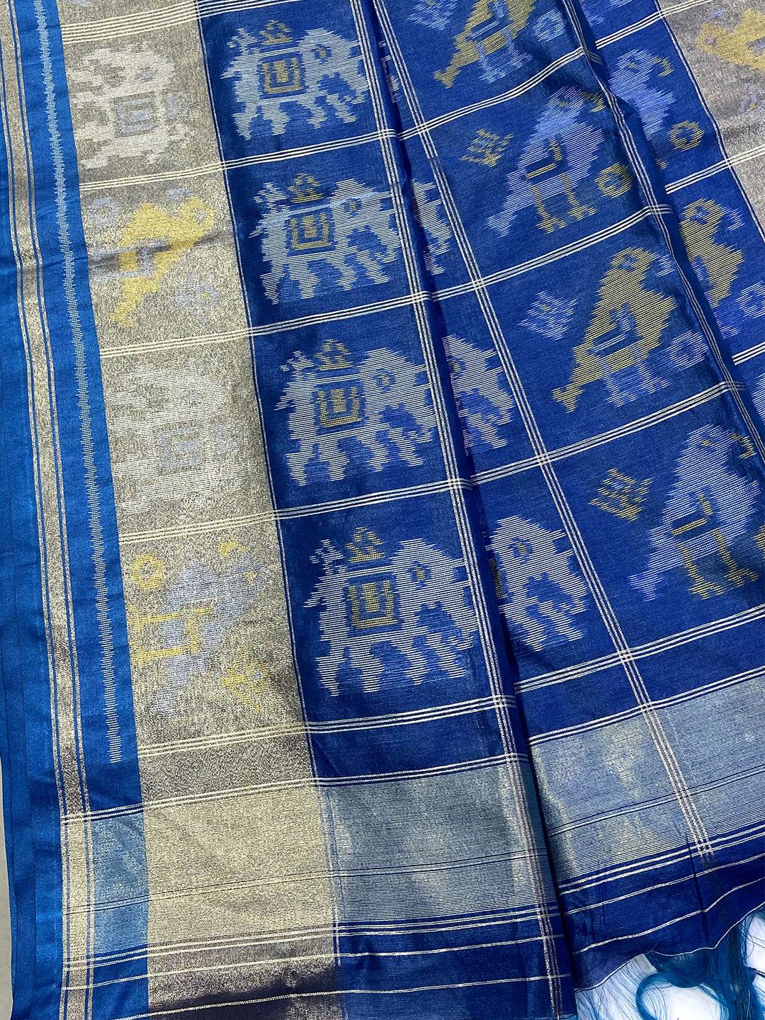 Blue Double Ikat Tussar Silk Saree