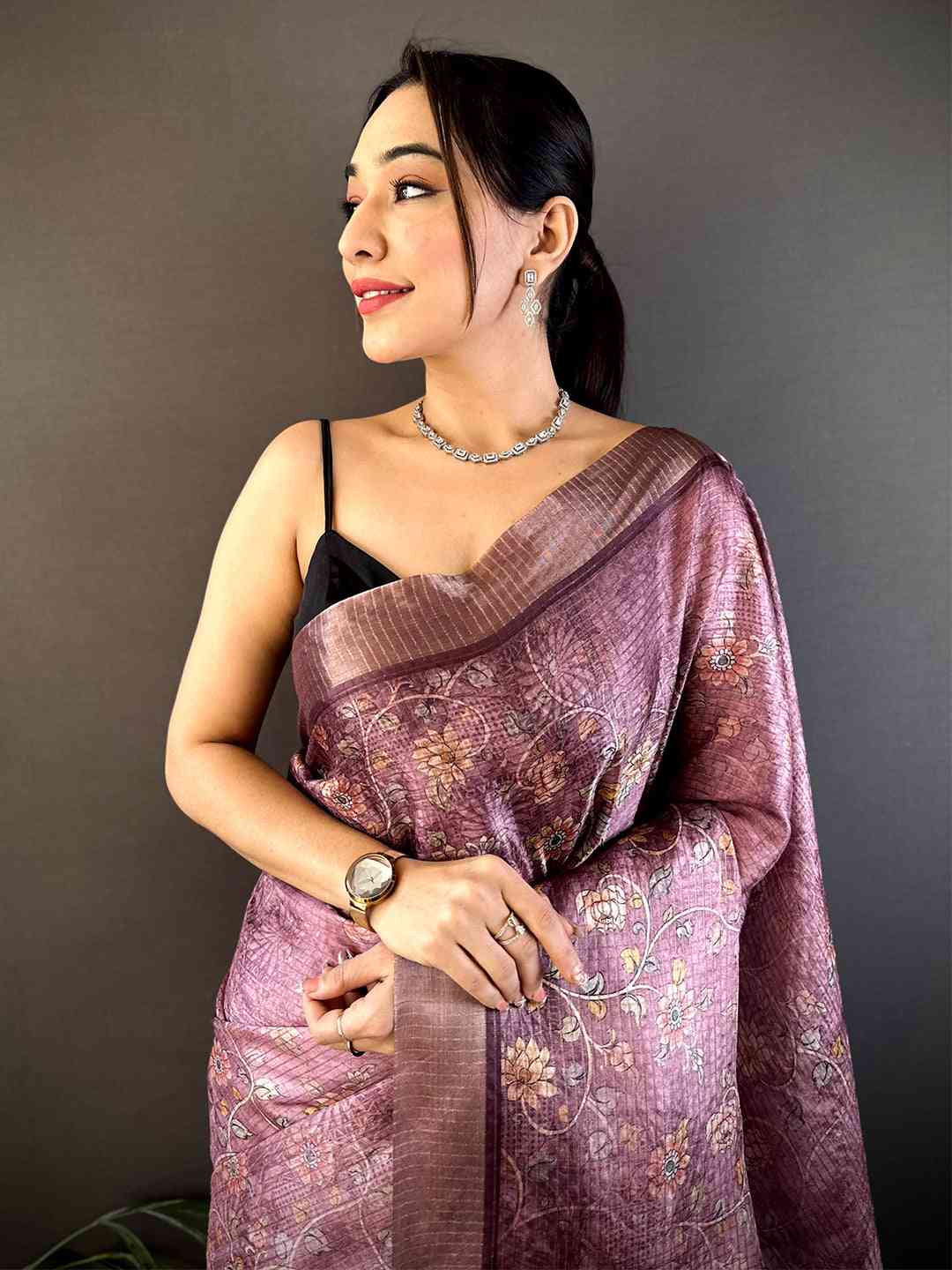 Lavender Gold Zari Chanderi Phulkari Floral Saree