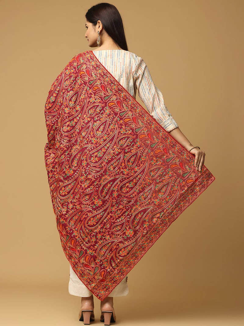 Wine Allover Fine Floral Pashmina Dupatta