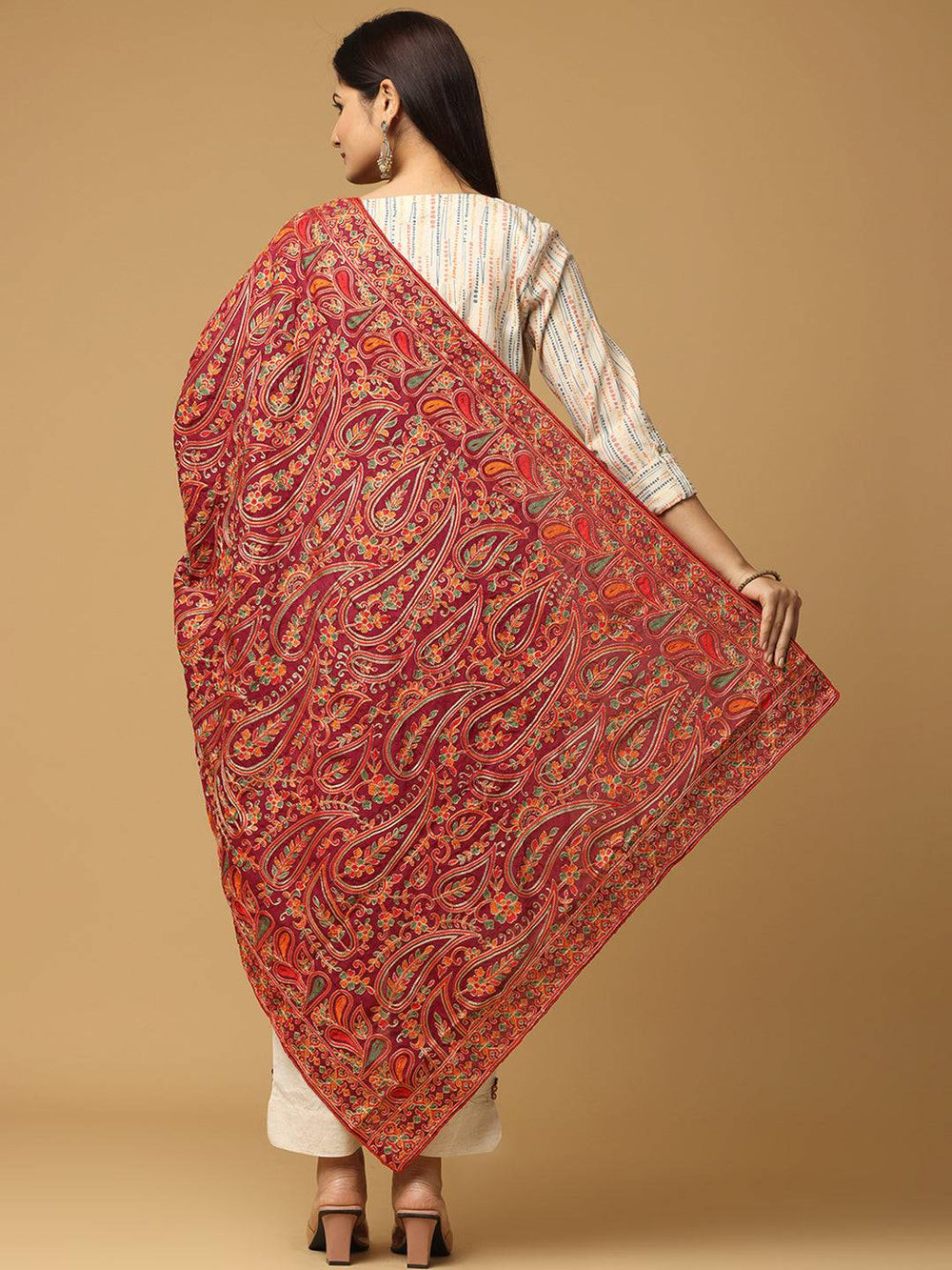 Back view of red embroidered poly chiffon pashmina dupatta
