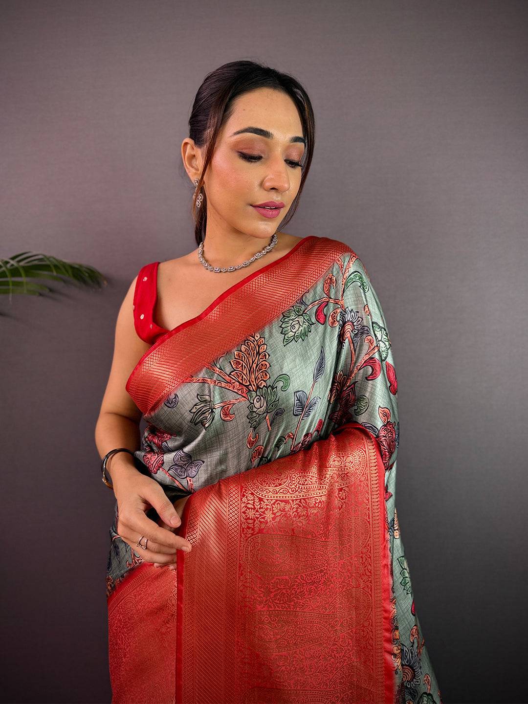 Sea Green Cherry Satin Kalamkari Saree