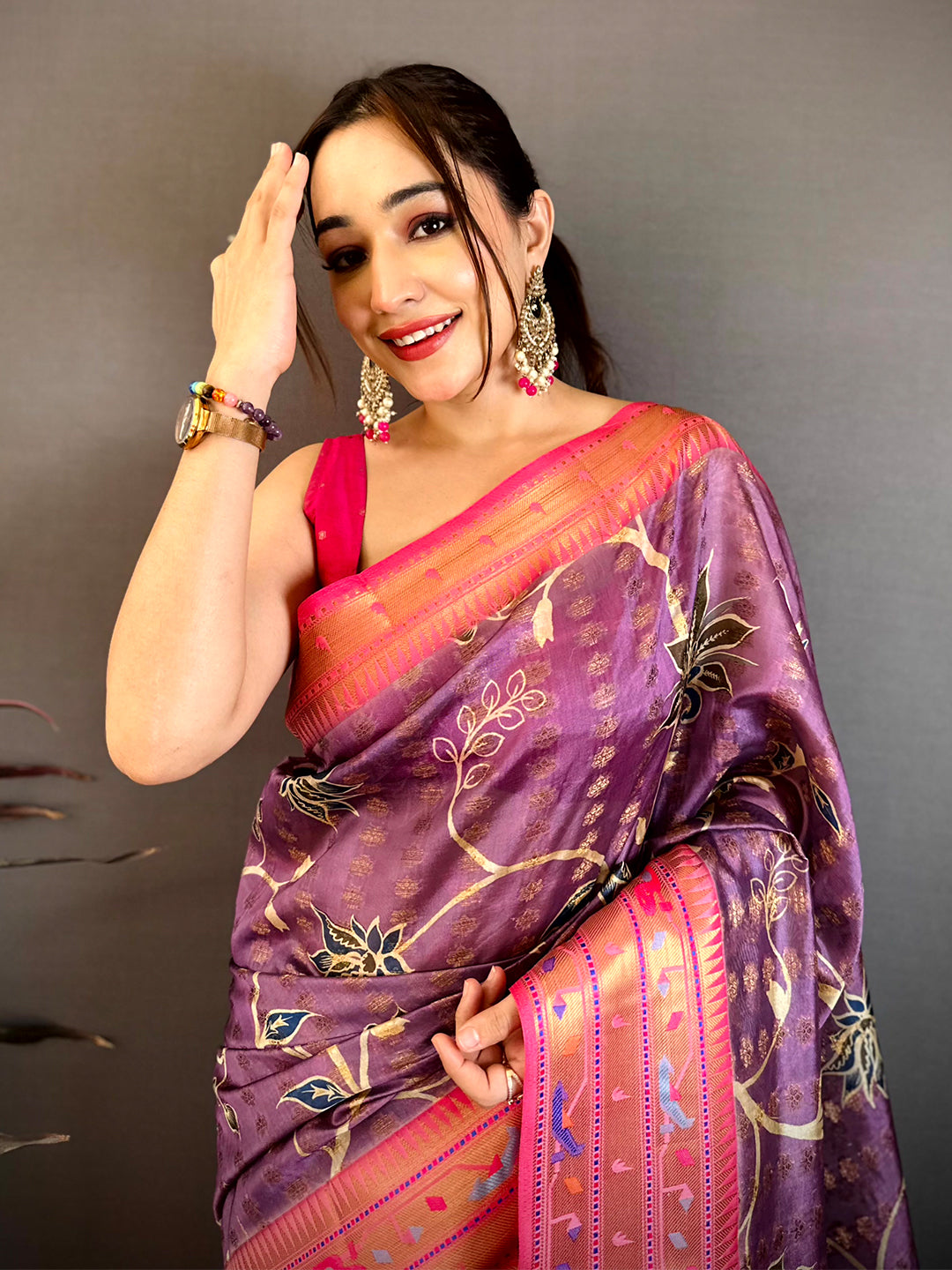 Purple Paithani Border Kora Tissue Saree
