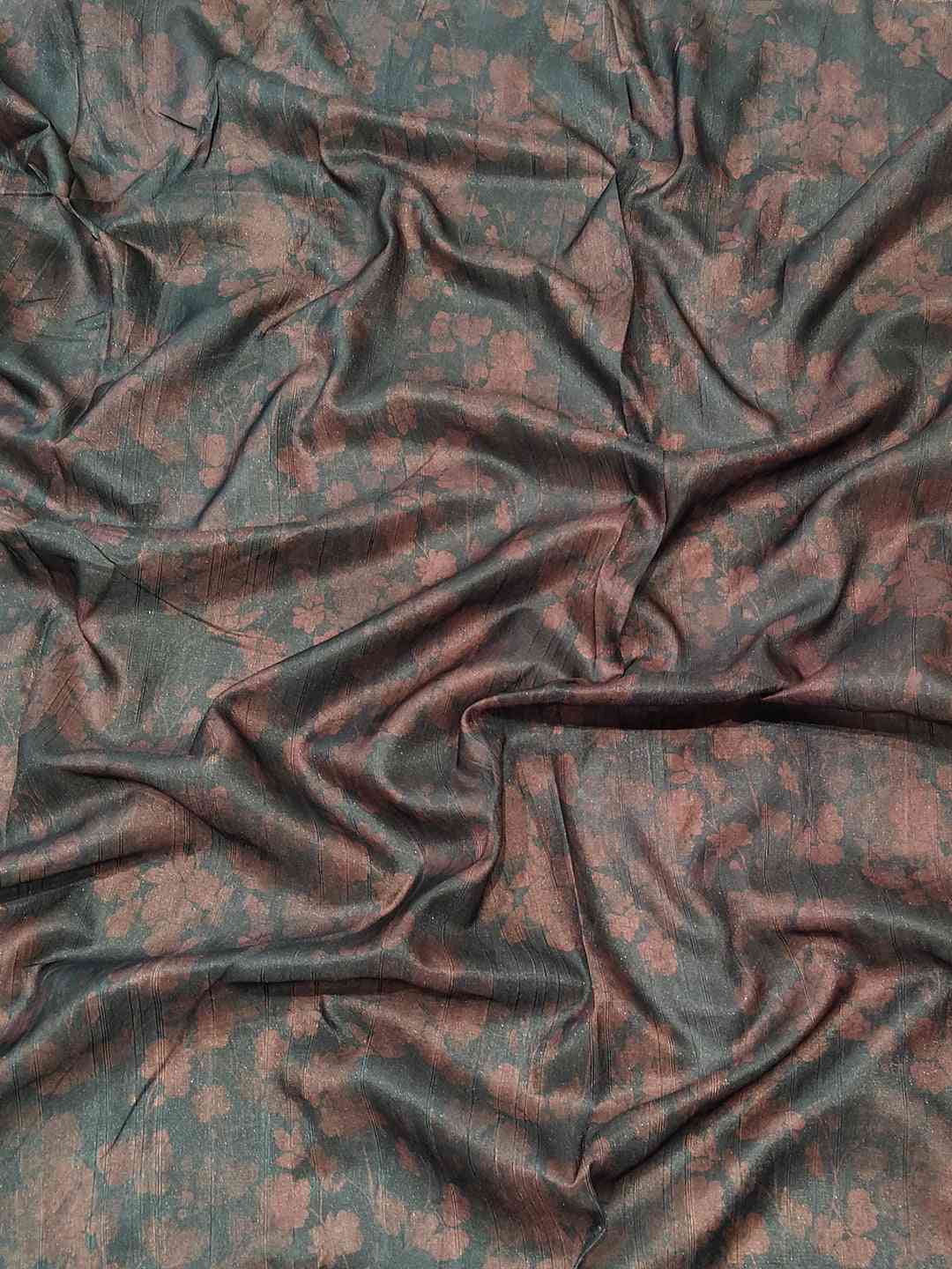 Peach silk fabric with copper zari floral weaving, detailed view