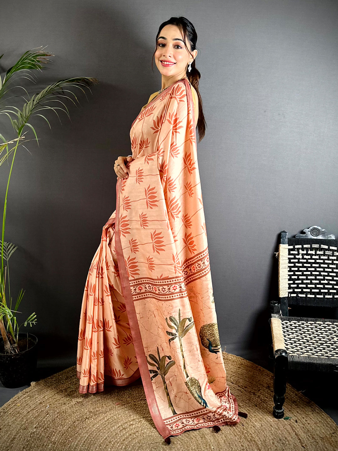 Peach Tussar Ghicha Pichwai Fusion Saree