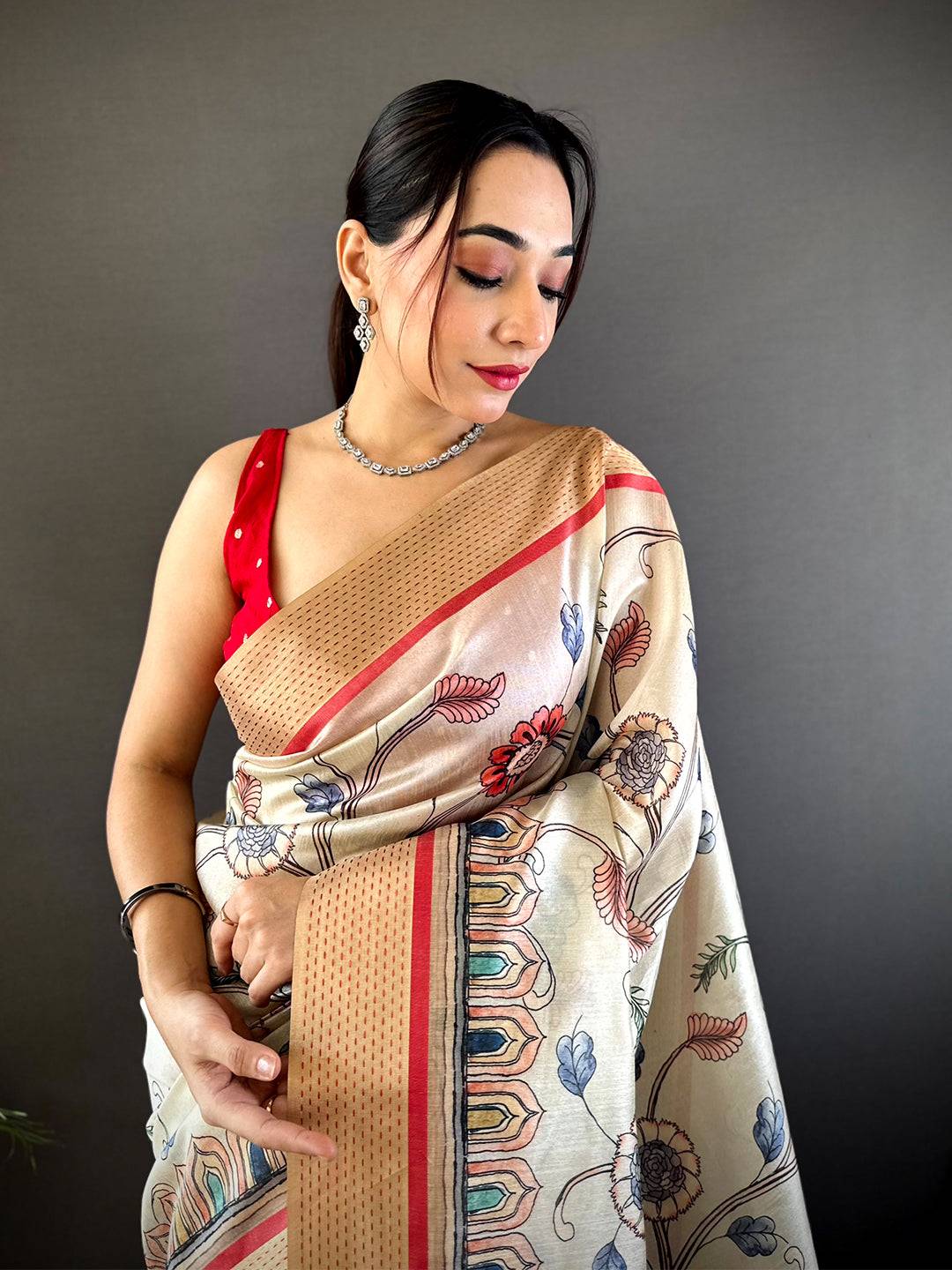 Cream Digital Kalamkari Printed Tussar Silk Saree